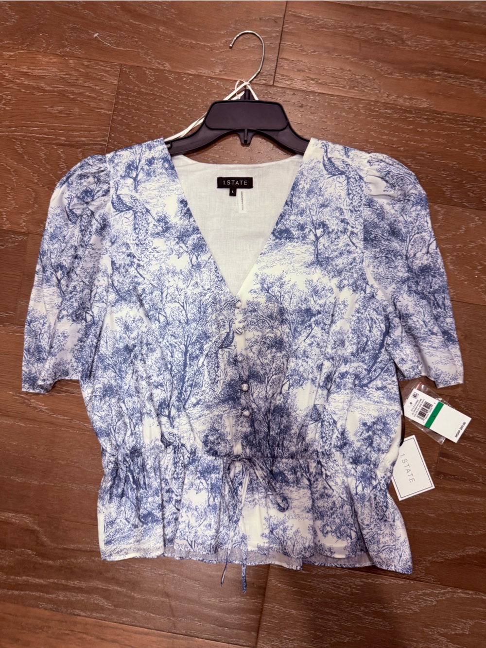 STATE Blue and White V-Neck Button Peplum Blouse